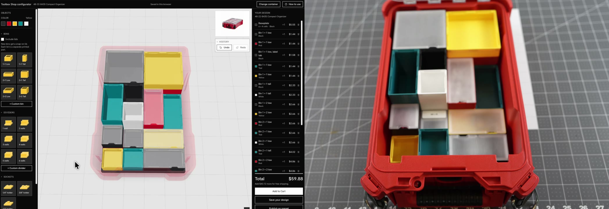 On the left, we place bins in the configurator. On the right, we put the same bins in a PACKOUT organizer.