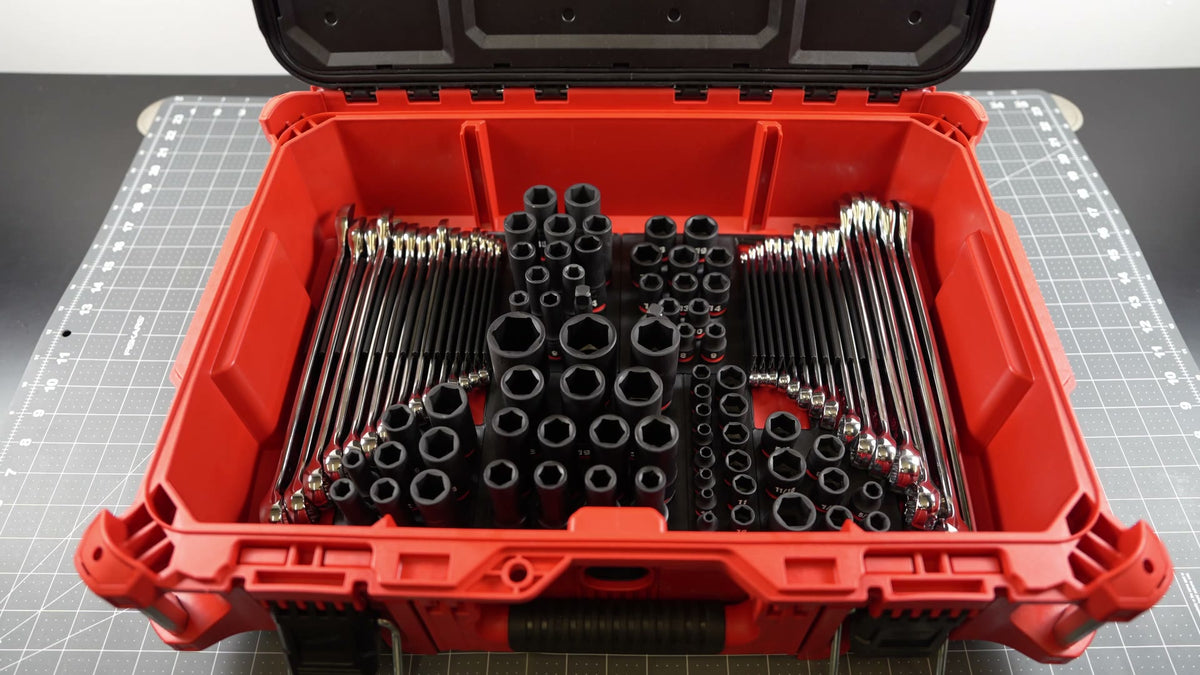 Fitting the Wrenches and Sockets Organizer, sold separately, into a PACKOUT tool box