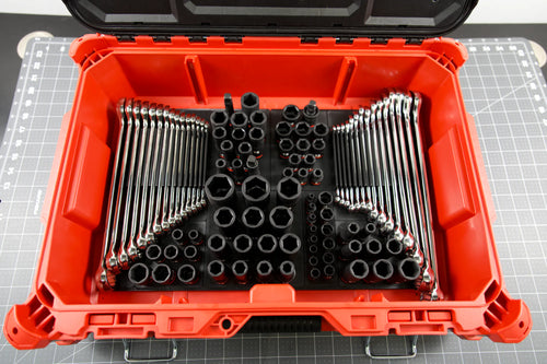 Full kit with sockets and wrenches inside the red tool box