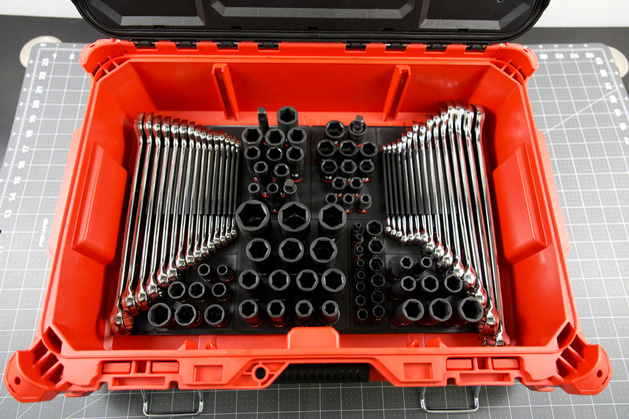 Full kit with sockets and wrenches inside the red tool box