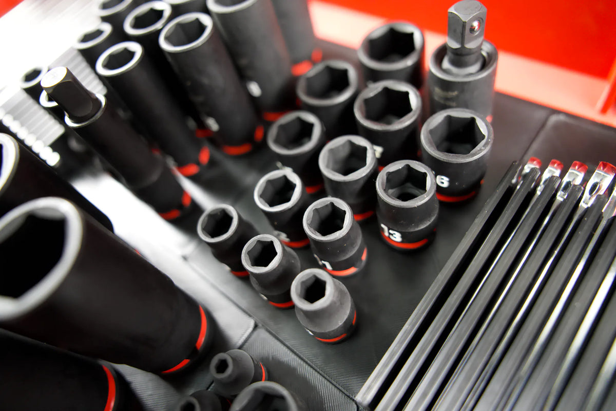 Close view of sockets and wrenches in the kit