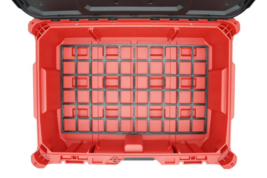 Black base plate in an open Milwaukee PACKOUT 48-22-8424 Tool Box, seen from above.
