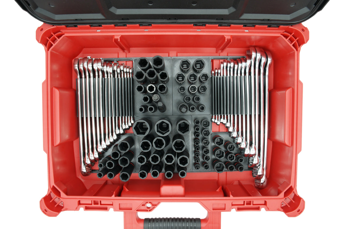 The Wrenches and Sockets Organizer, sold separately, holding wrenches and sockets in the open tool box, seen from above.
