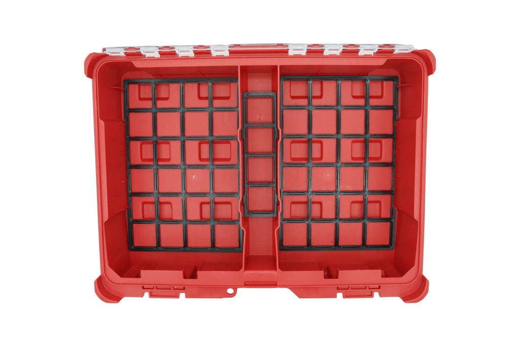Black base plates in an open Milwaukee PACKOUT 48-22-8430 Organizer, seen from above.