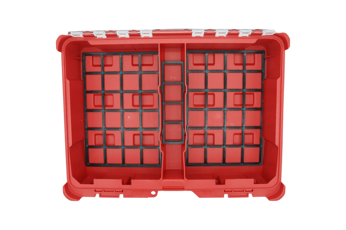 Black base plates in an open Milwaukee PACKOUT 48-22-8430 Organizer, seen from above.