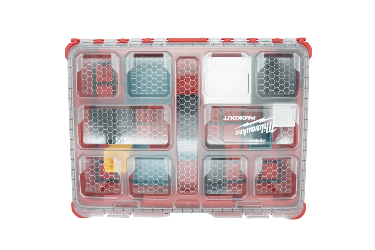 The closed Milwaukee PACKOUT 48-22-8430 Organizer with the base plates and bins inside.