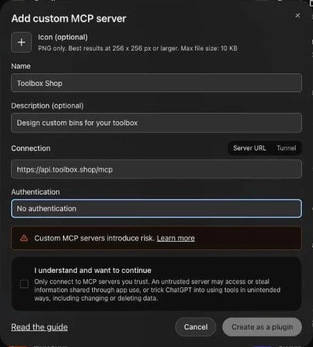 ChatGPT's Add custom MCP server window, with Toolbox Shop as the name, https://api.toolbox.shop/mcp as the server URL, and No authentication.