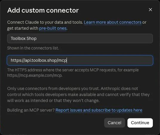 Claude's Add custom connector window, with Toolbox Shop as the name and https://api.toolbox.shop/mcp as the URL.