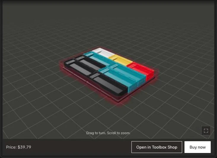 A 3D picture of nine bins in an organizer, in a Claude chat. Under it: Price $39.79, Open in Toolbox Shop, and Buy now.